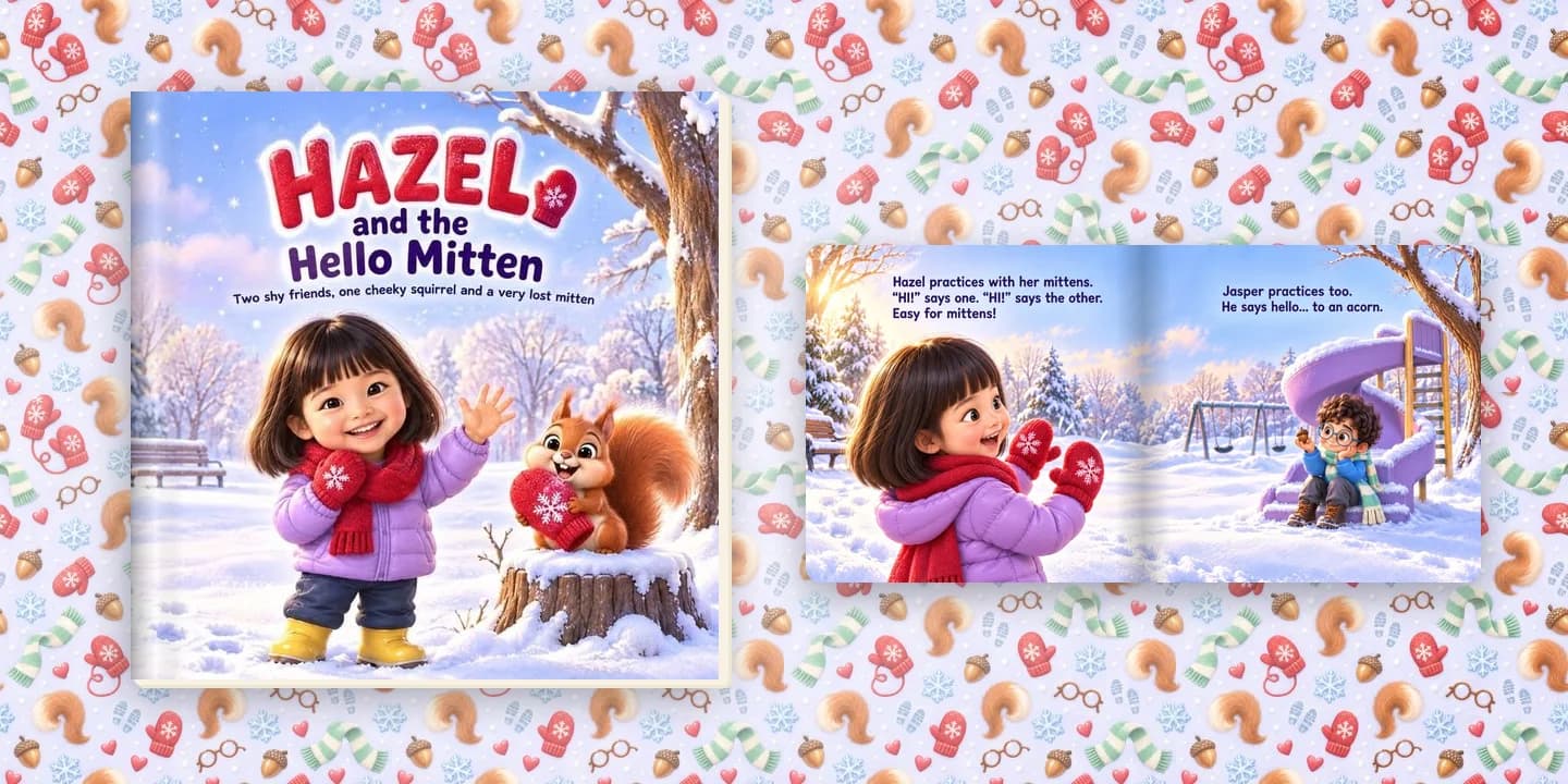 The cover of Hello Mitten, a personalized book about two shy children in a snowy park, beside an open page of the two of them sharing a pair of red mittens