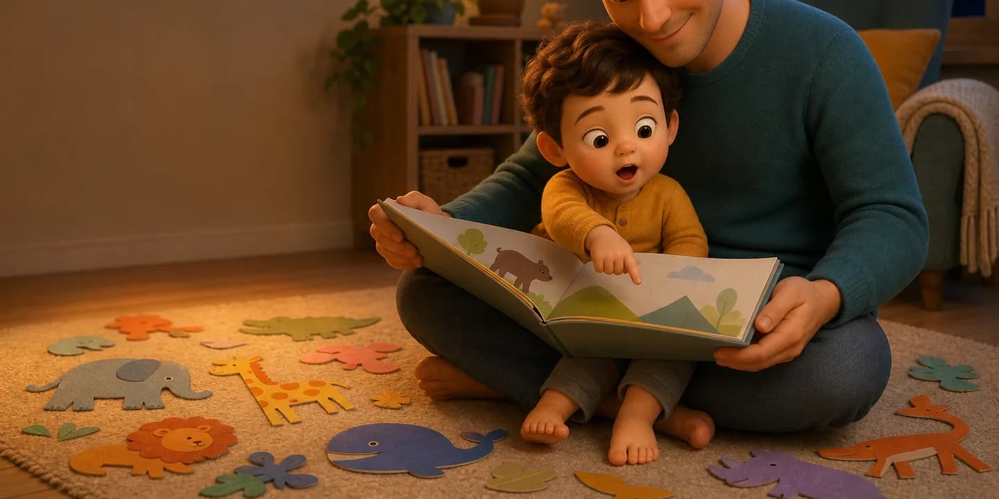 A toddler on an adult's lap in warm lamplight, mouth open mid-word, pointing at the page of an open picture book, with brightly coloured cut-paper animal shapes scattered on the rug