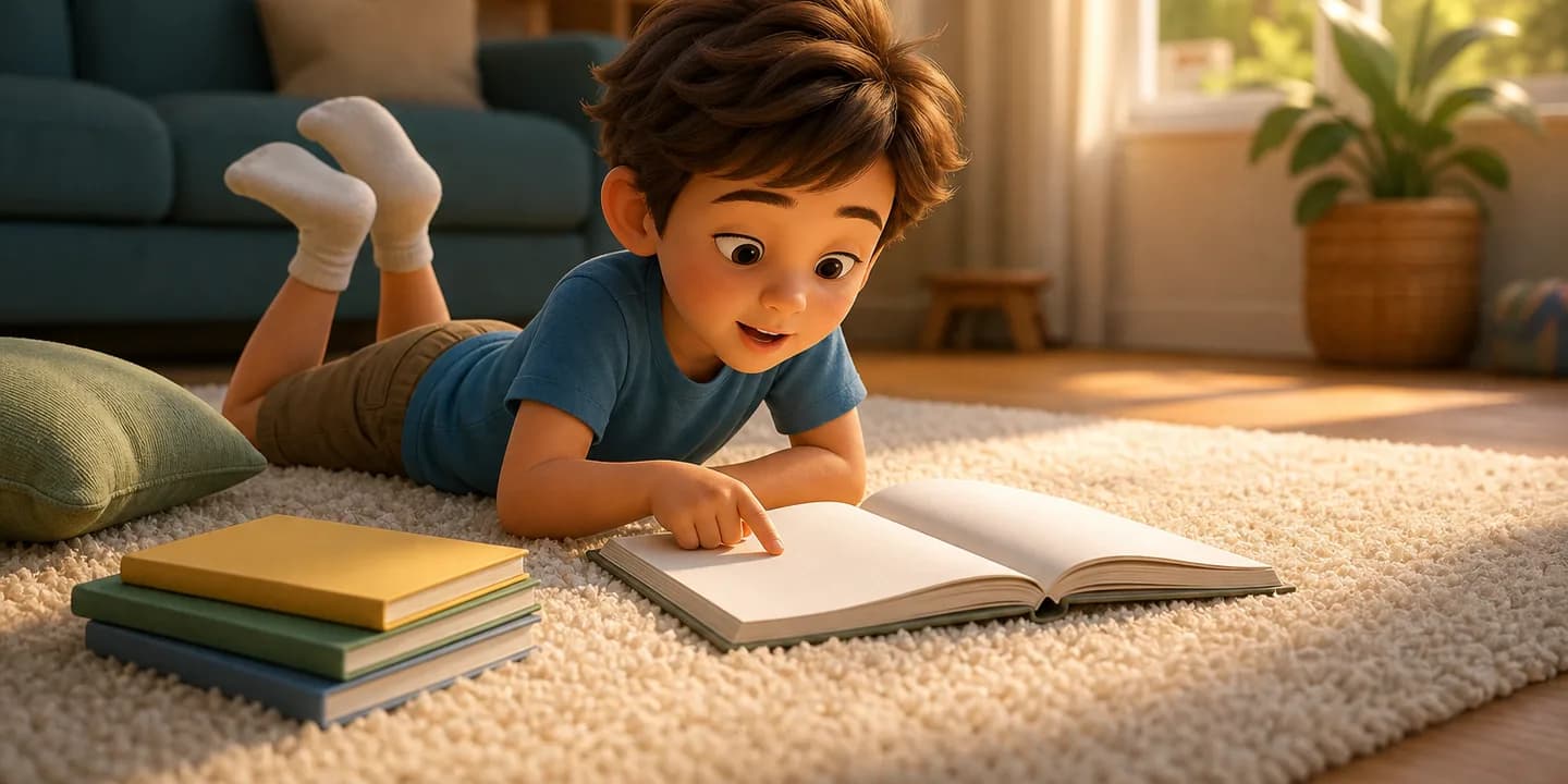 A child lying on their front on a rug with an early reader open in front of them, one finger under a line of text