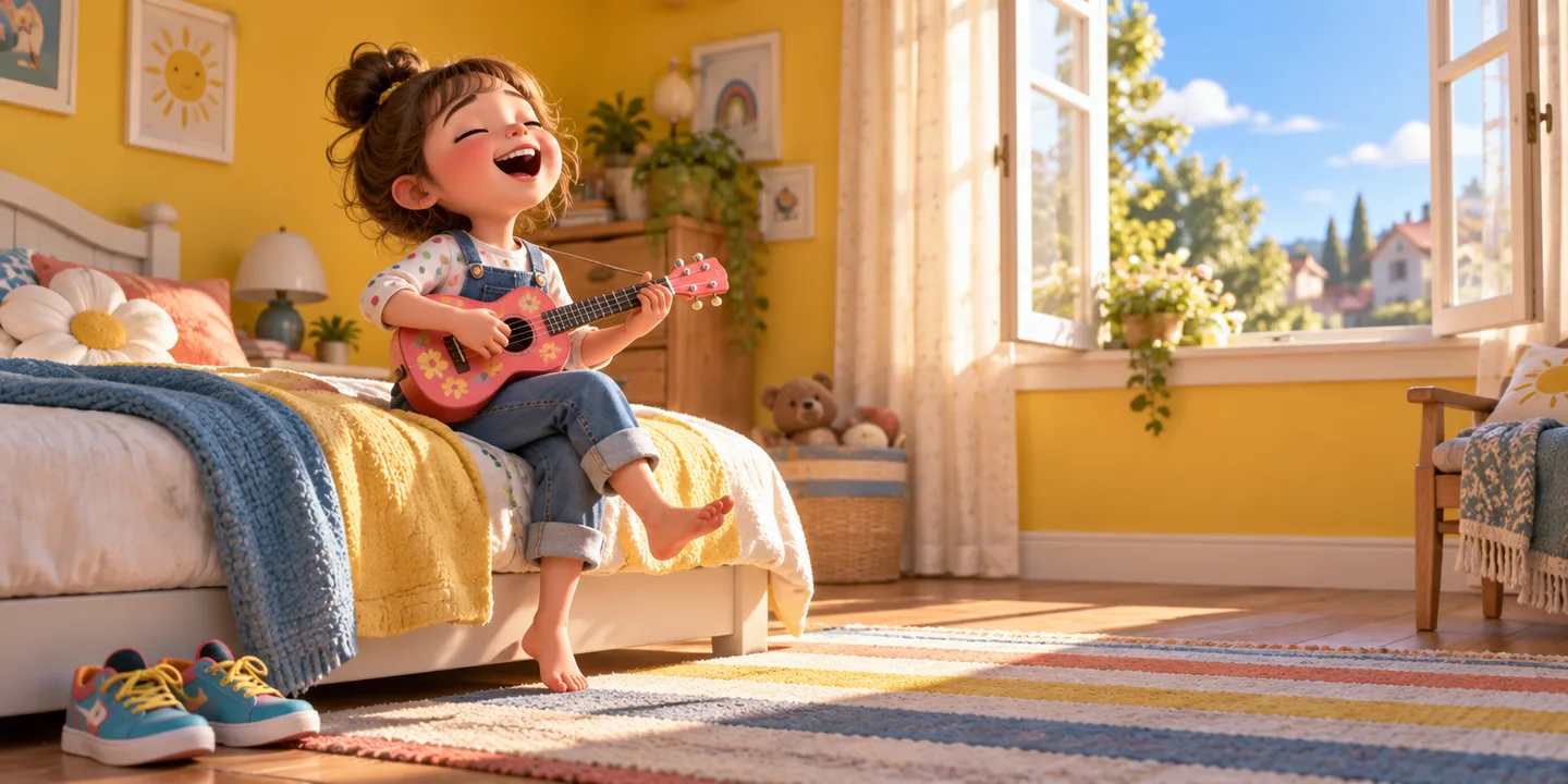 A child sitting on the edge of a bed strumming a toy ukulele and singing, a pair of bright sneakers on the floor
