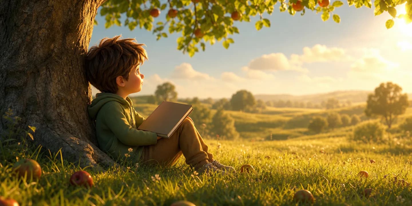A child sitting against the trunk of a large apple tree in late afternoon light, a picture book closed on their knees