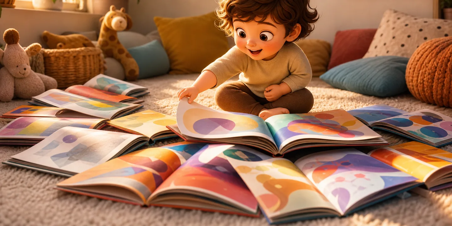 A small child sitting cross-legged on a rug surrounded by a fanned-out semicircle of open picture books, reaching for the next one