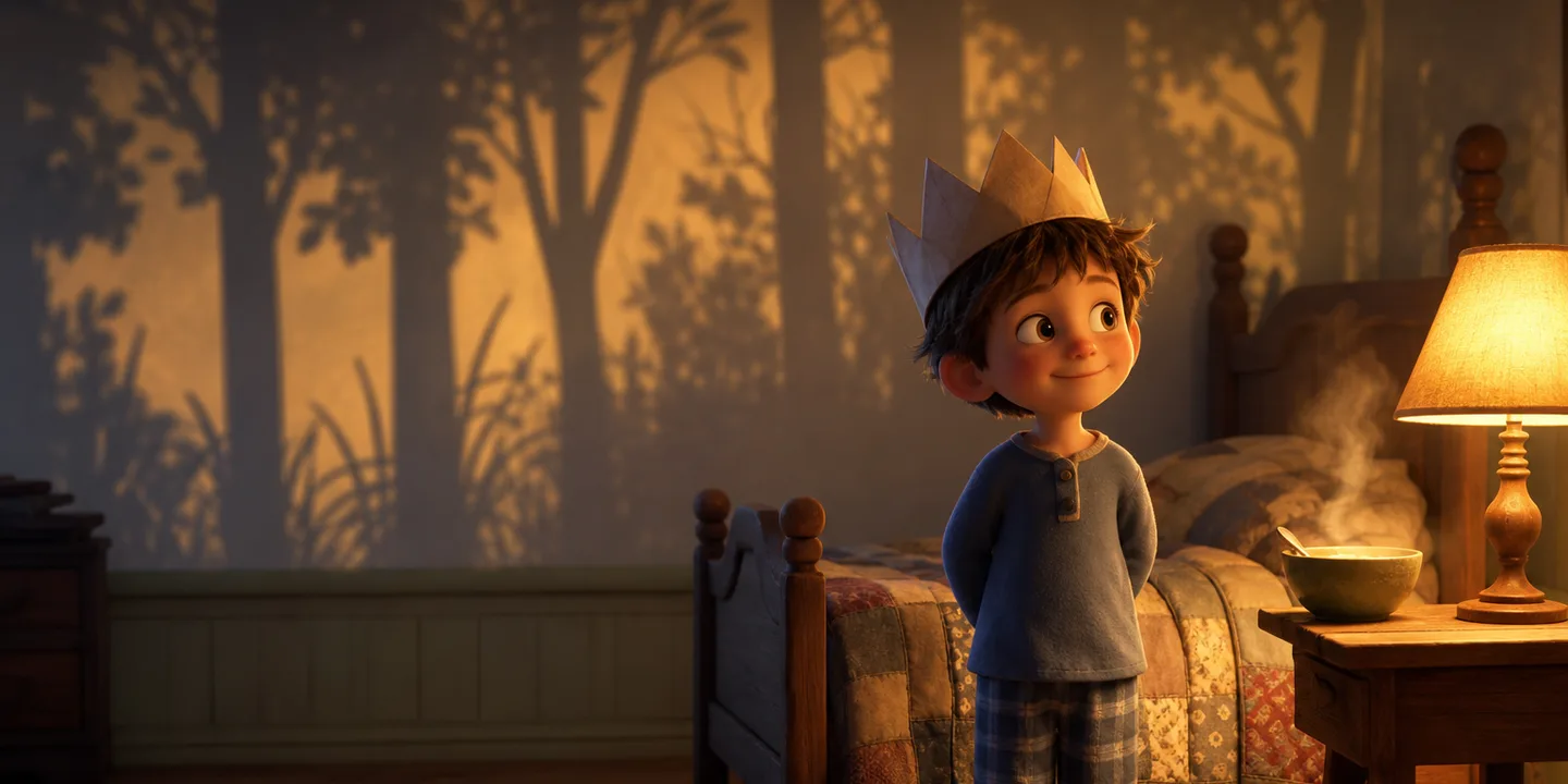 A child in a paper crown standing at the foot of their own bed at night, a bowl of soup steaming on the bedside table, and leafy shadows of an imagined forest thrown across the bedroom walls