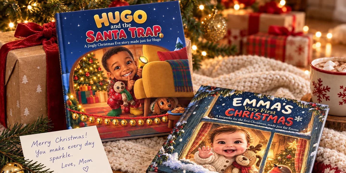 Two square hardcover picture books with children on their covers arranged under a lit Christmas tree, beside a kraft-paper parcel with a red velvet bow and a handwritten card that reads Merry Christmas, you make every day sparkle, love Mom