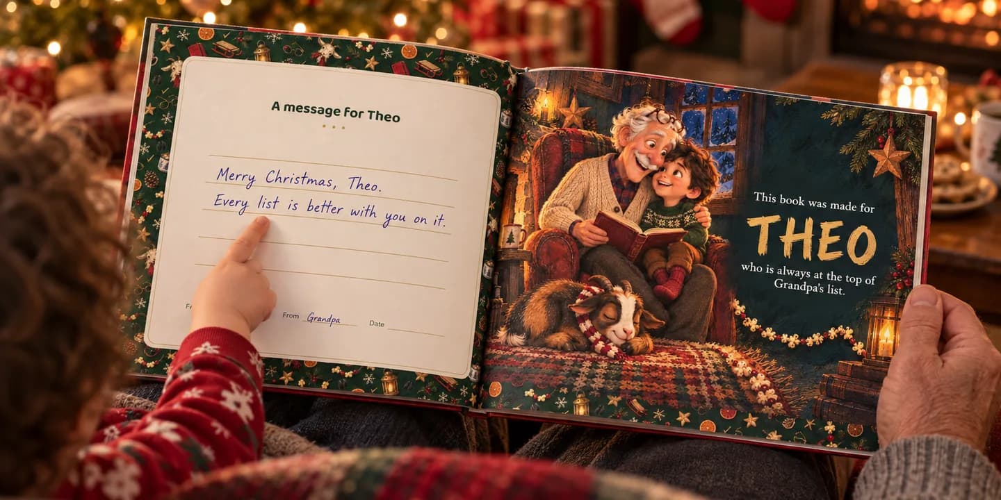An open personalized Christmas picture book held across a grandfather's and a child's laps by the fire; the left page reads A message for Theo with a handwritten note, and the child points at the words
