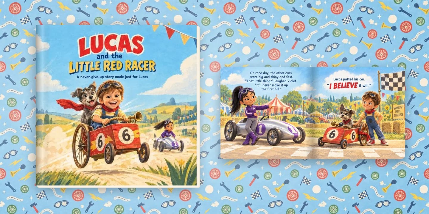 The hardcover of Lucas and the Little Red Racer beside an open page from inside the book, on the book's own endpaper pattern