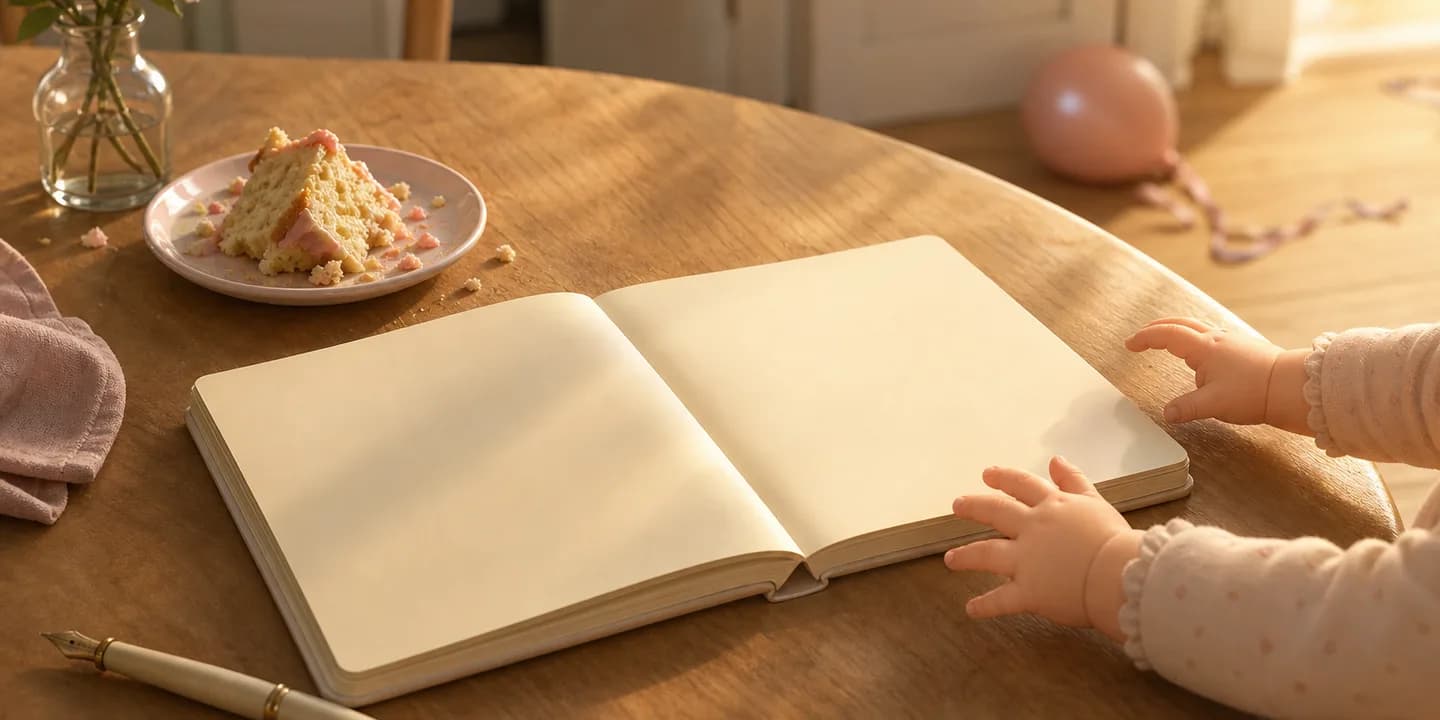 A first birthday table after the party, with a board book lying open at its blank front page beside a plate of squashed cake and a one-year-old's hands reaching across it