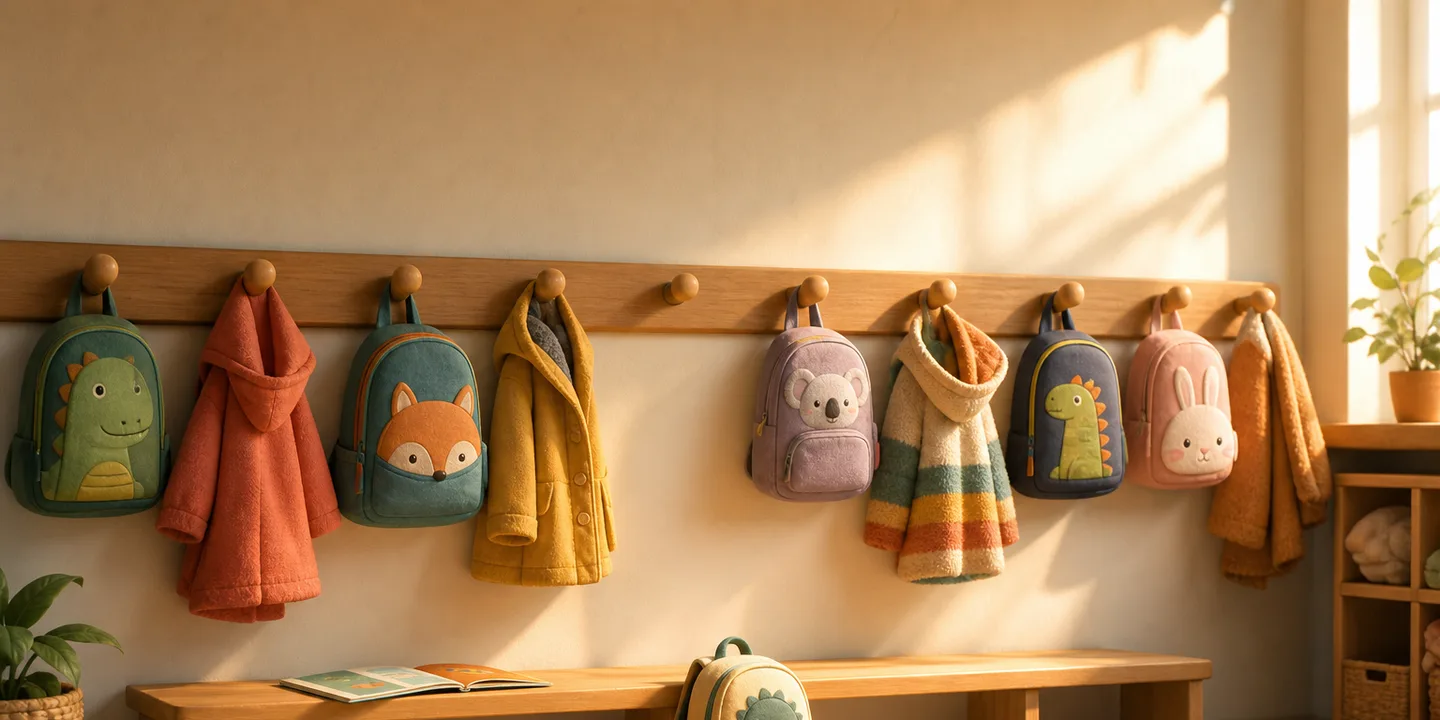 A row of low classroom coat pegs in early morning light, most of them already hung with small bags and coats, one peg still empty, a backpack on the floor beneath it and an open picture book left on a bench nearby