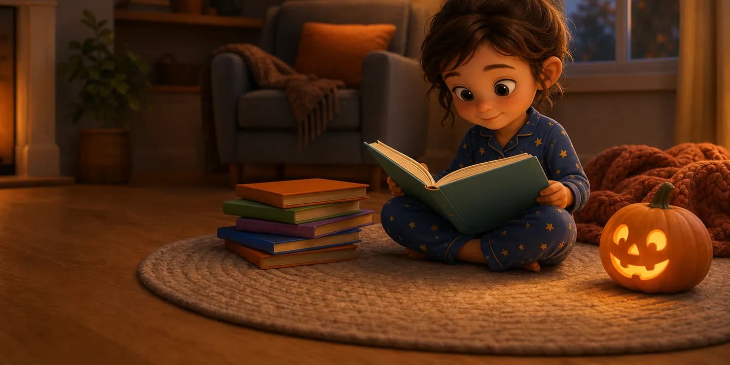 A child in pyjamas sitting on a rug with a stack of Halloween picture books and a small carved pumpkin beside them