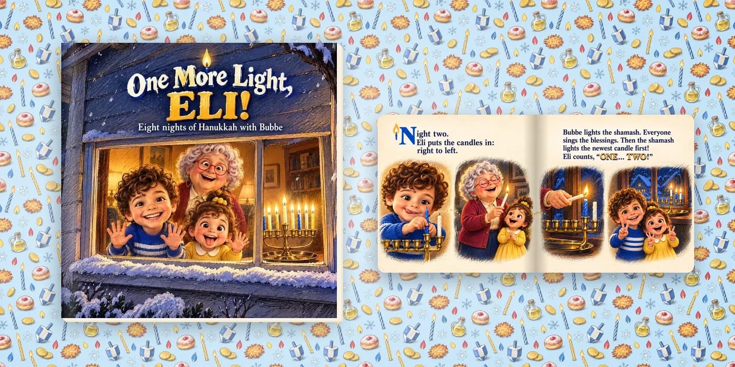 The cover of One More Light, a personalized Hanukkah book showing a grandmother and two children waving from a window with a lit menorah, beside an open page about lighting the second candle