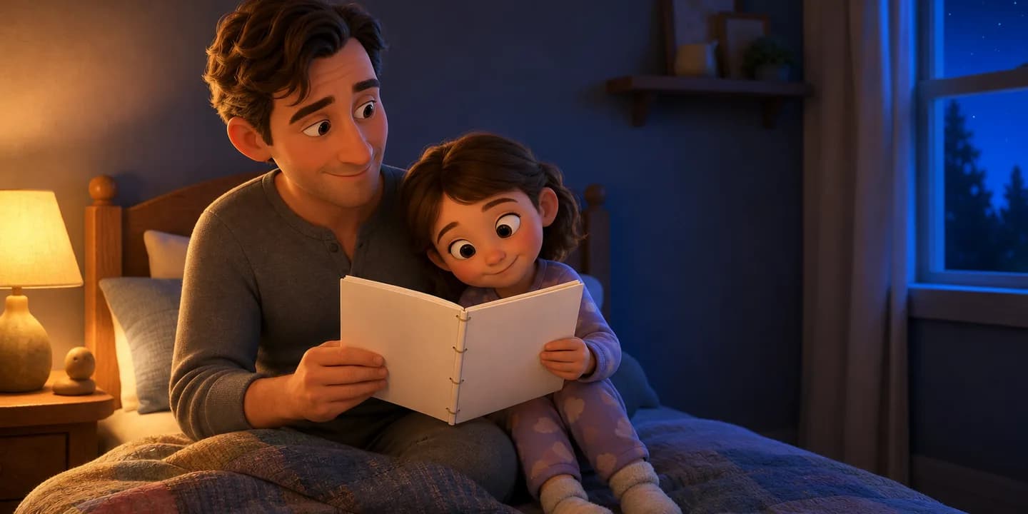 A parent and a small child on a bed at night, a hand-stitched storybook open between them, a lamp throwing warm light across the page