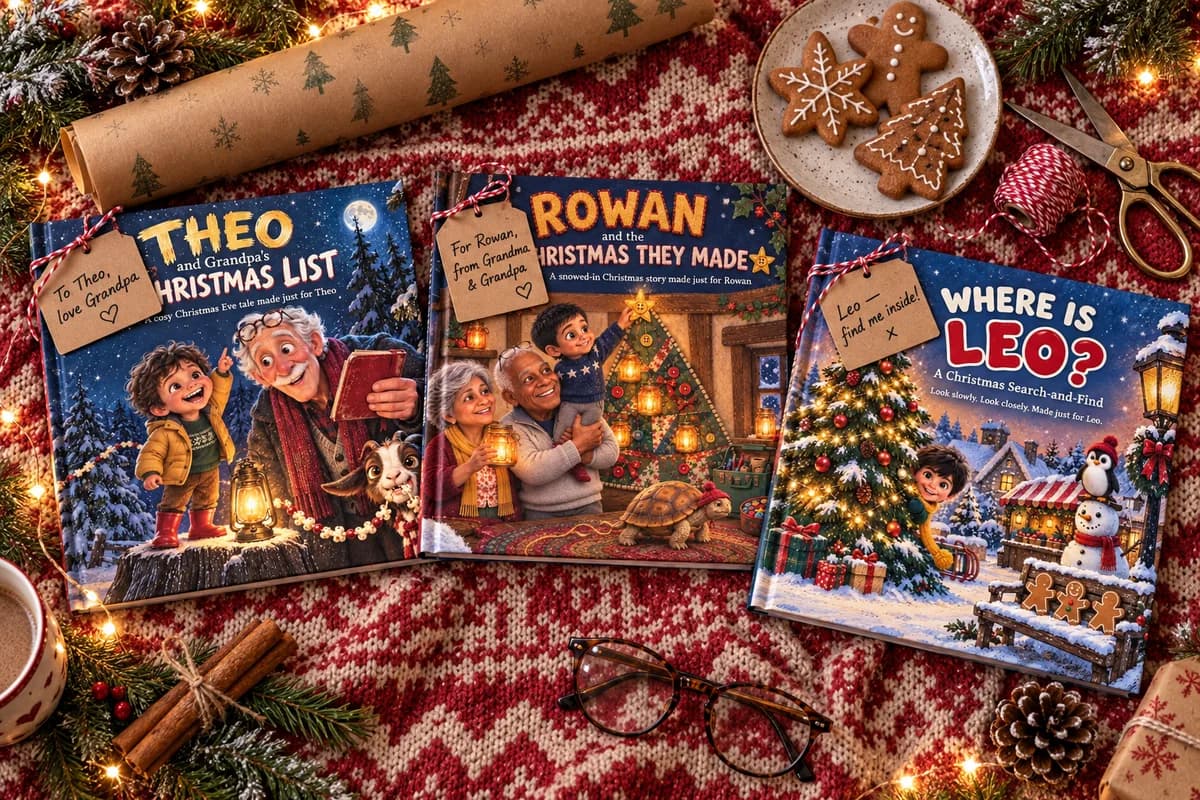 Three personalized Christmas picture books laid on a red knitted blanket with kraft gift tags reading To Theo love Grandpa, For Rowan from Grandma and Grandpa, and Leo find me inside