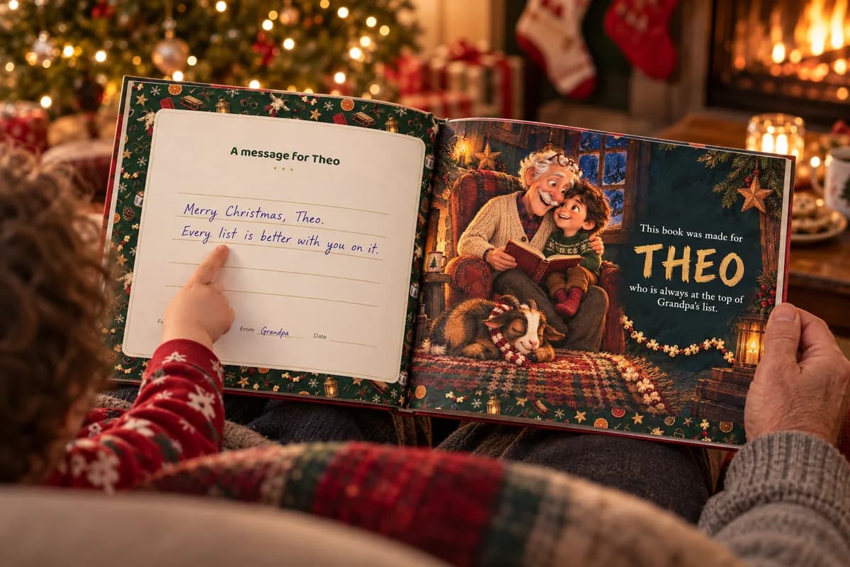 A grandparent and child seen from behind reading a personalized Christmas picture book; the left page reads A message for Theo with a handwritten note, and the child points at the words