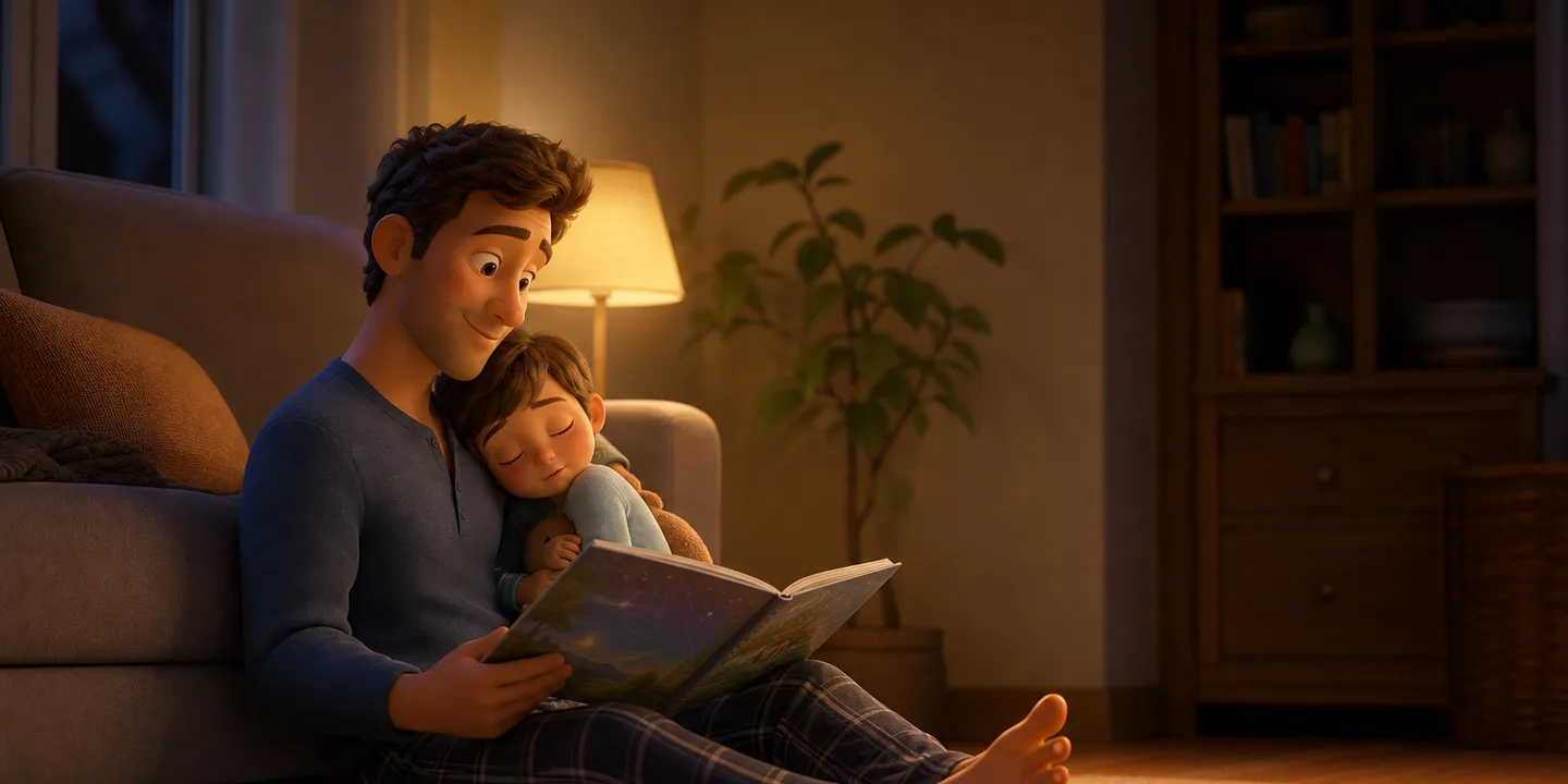 A father sitting on the floor with his back against a sofa, reading a picture book aloud with a small child leaning into his shoulder
