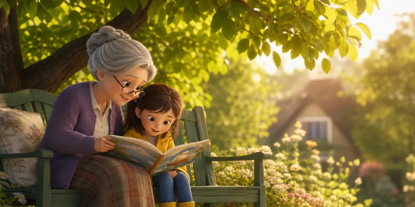 A grandmother in reading glasses on a garden bench beside a small girl in yellow boots, both looking at the same open picture book, painted in soft watercolour