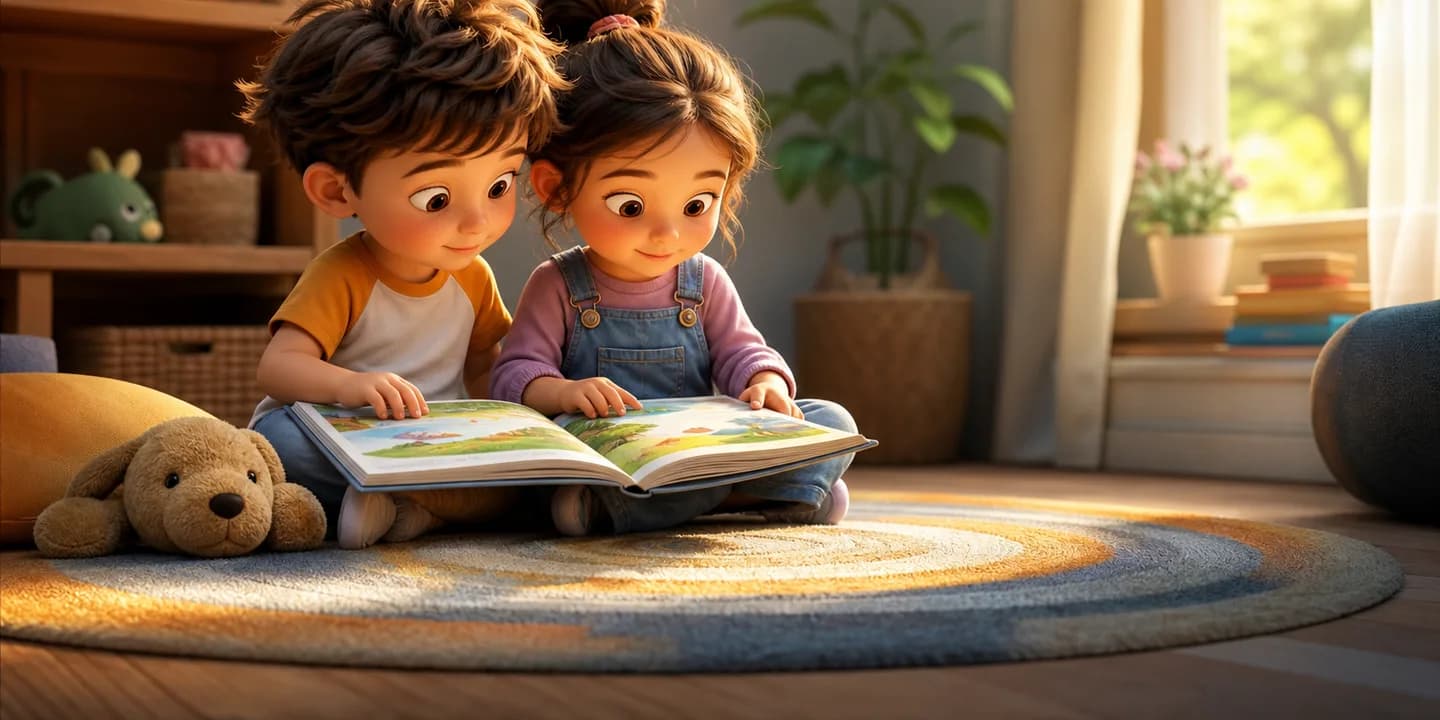 Two small children of the same age sitting shoulder to shoulder on a rug with one open picture book across both their laps