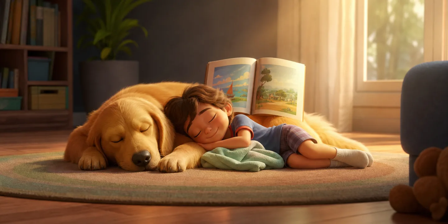 A child lying on a rug with their head resting on a sleeping dog's side, an open picture book propped against the dog