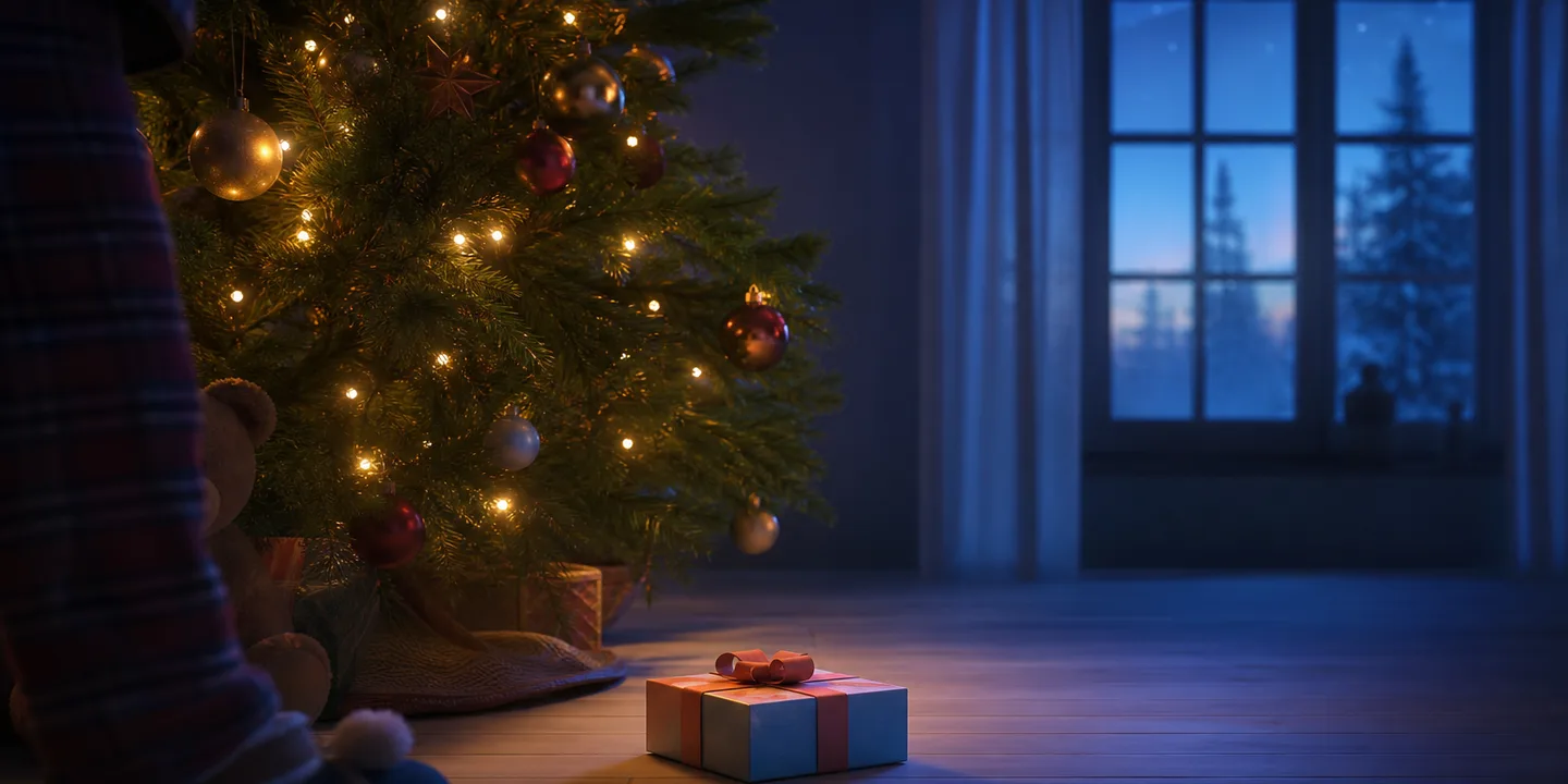 A wrapped square book sitting under a lit Christmas tree in the early morning, with a child's slippered feet just entering the frame