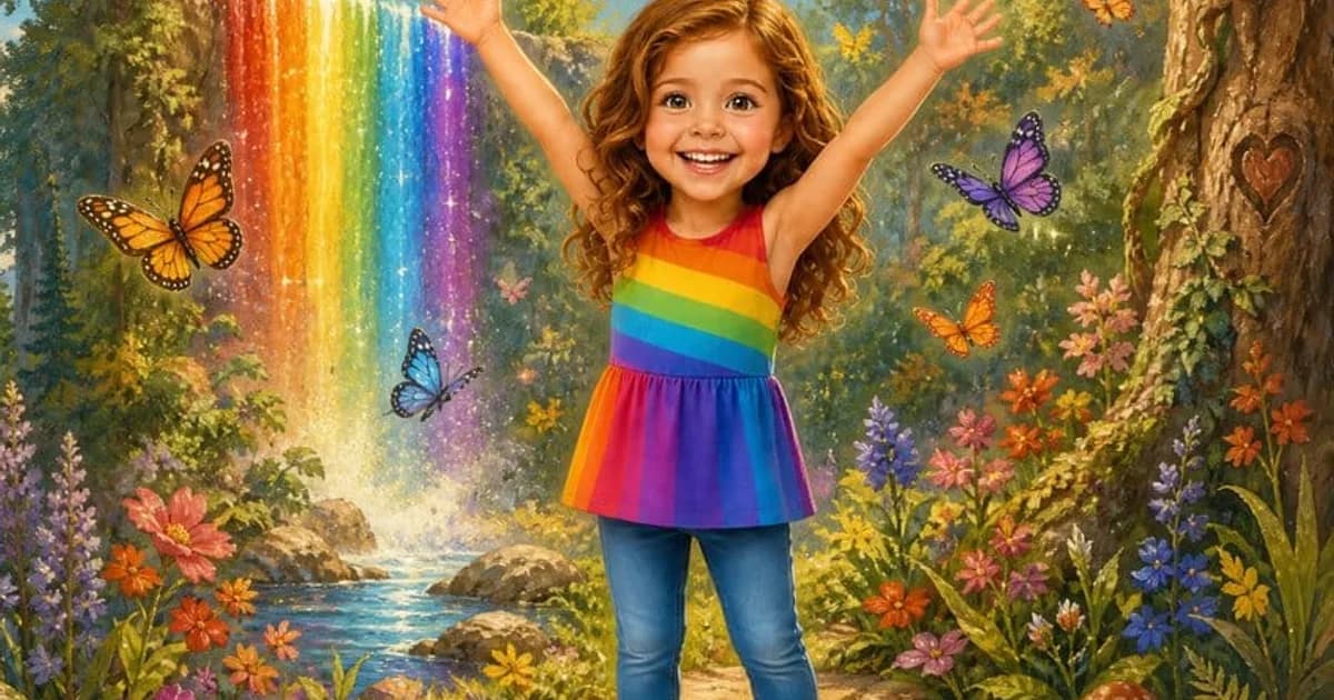 A curly-haired girl in a rainbow dress throwing her arms up beside a glowing rainbow waterfall, butterflies around her, on the cover of a personalized storybook