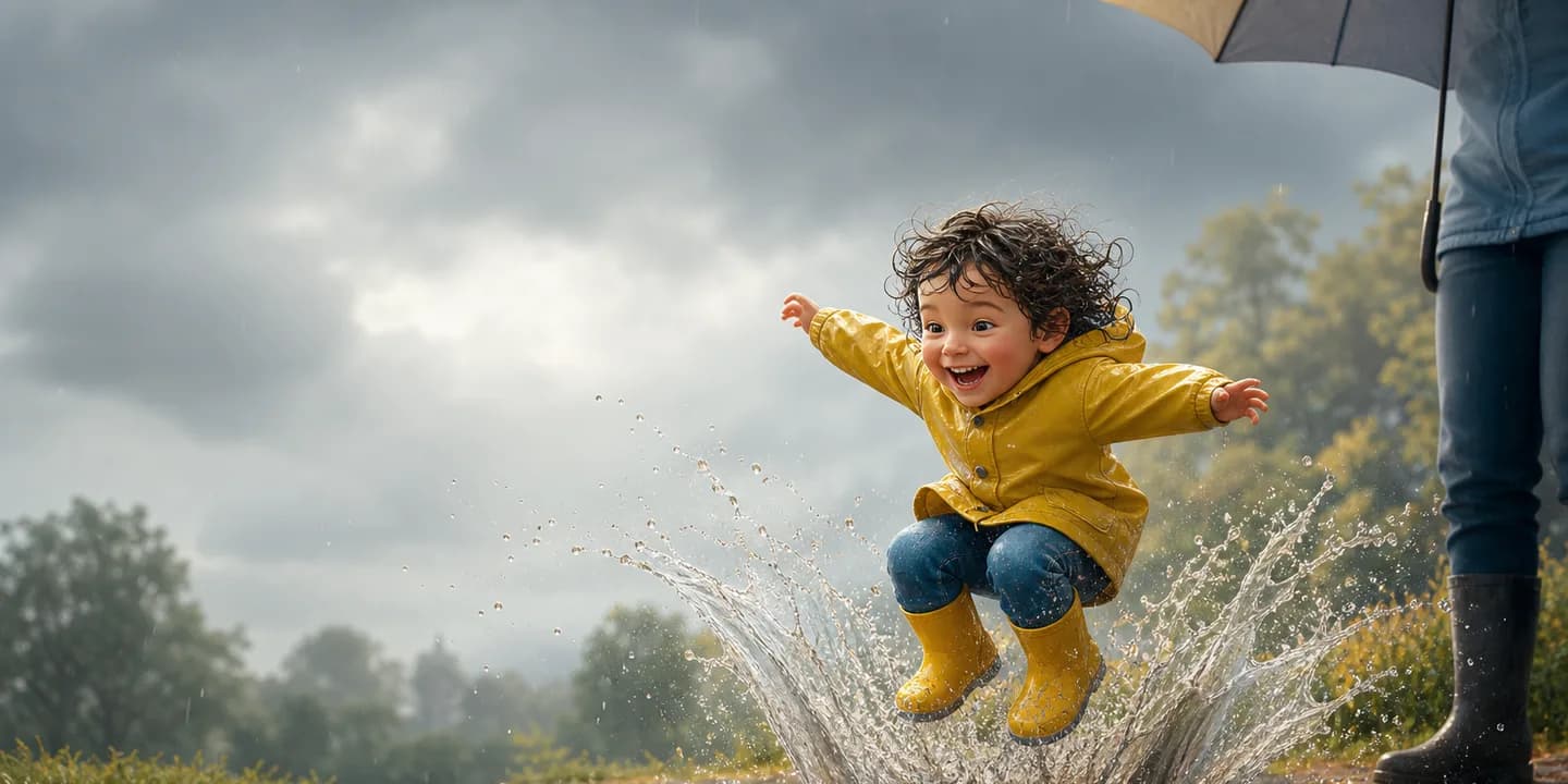 A young child with wet curls jumping into an enormous puddle in yellow boots on the cover of a personalized picture book, rain streaking a grey sky behind
