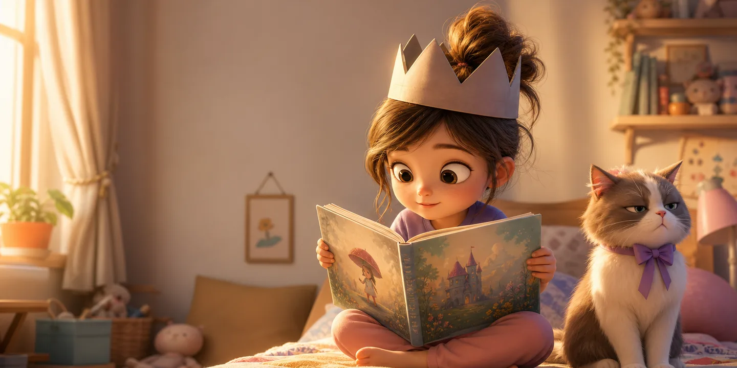 A young child in a homemade paper crown sitting cross-legged on a bed, holding an open storybook up with both hands