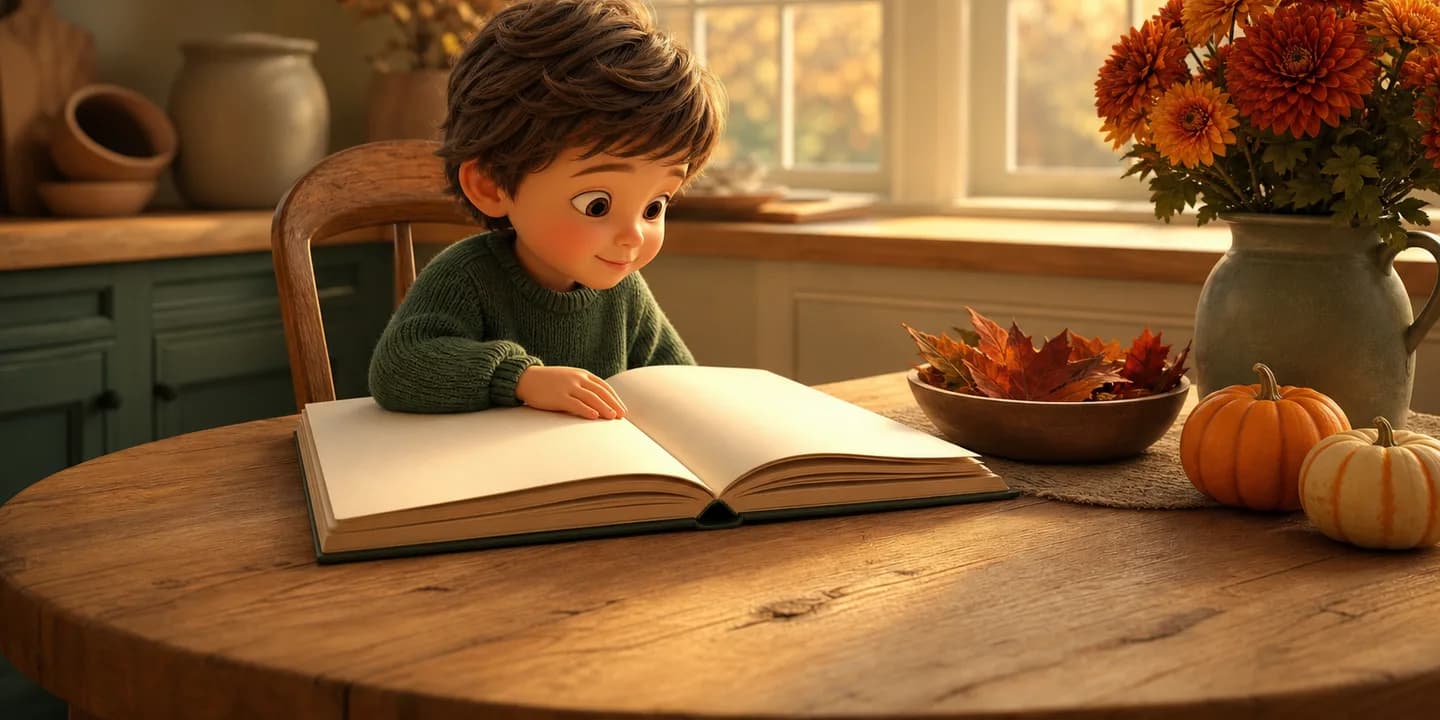 A young child at a kitchen table with a picture book open in front of them and a bowl of autumn leaves and small pumpkins beside it