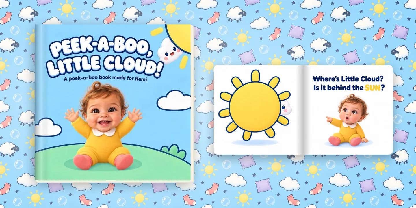 The hardcover of Peek-a-Boo, Little Cloud! beside an open page from inside the book, on the book's own endpaper pattern