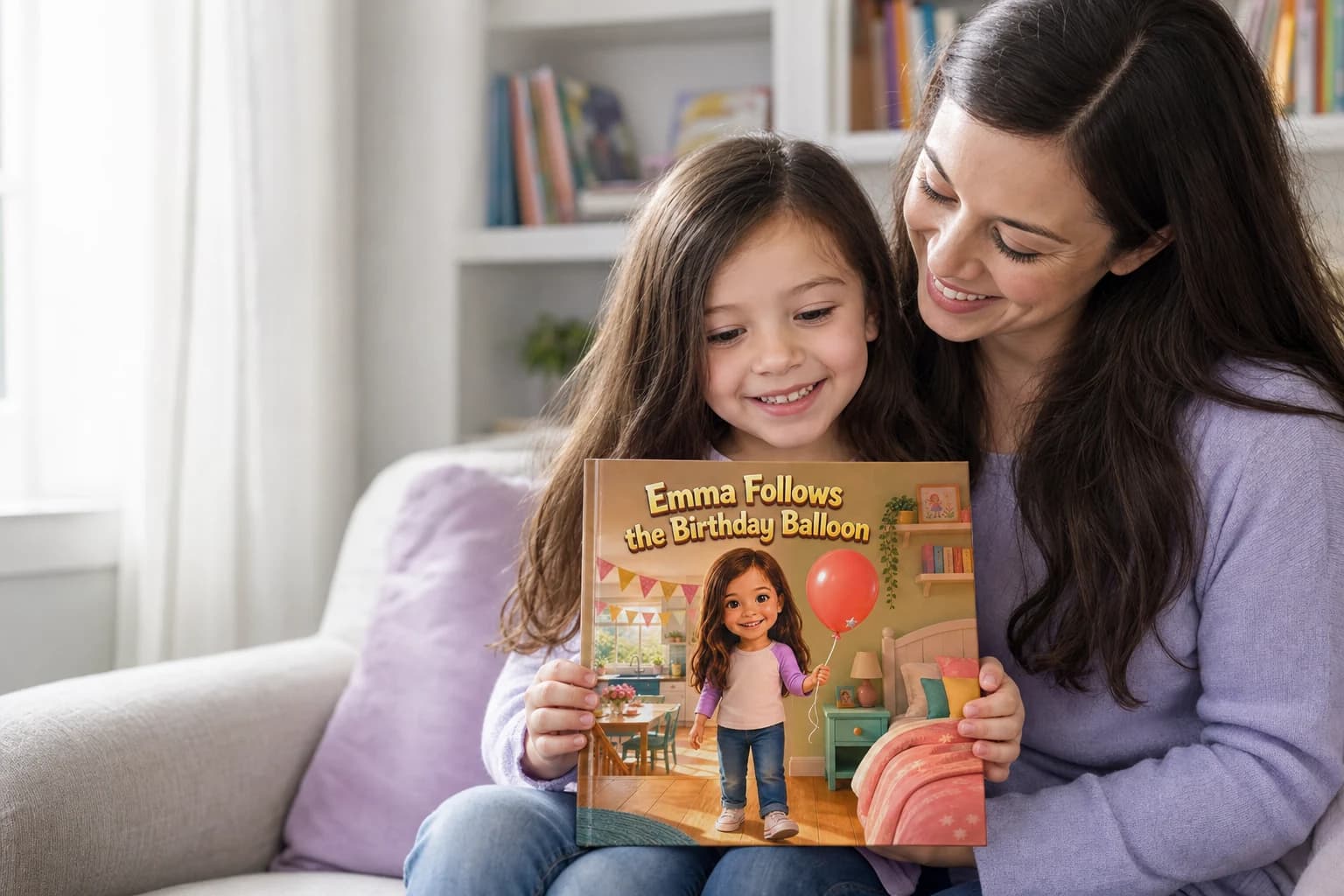 A child holding up her own KindFable book, Emma Follows the Birthday Balloon, beside her mother