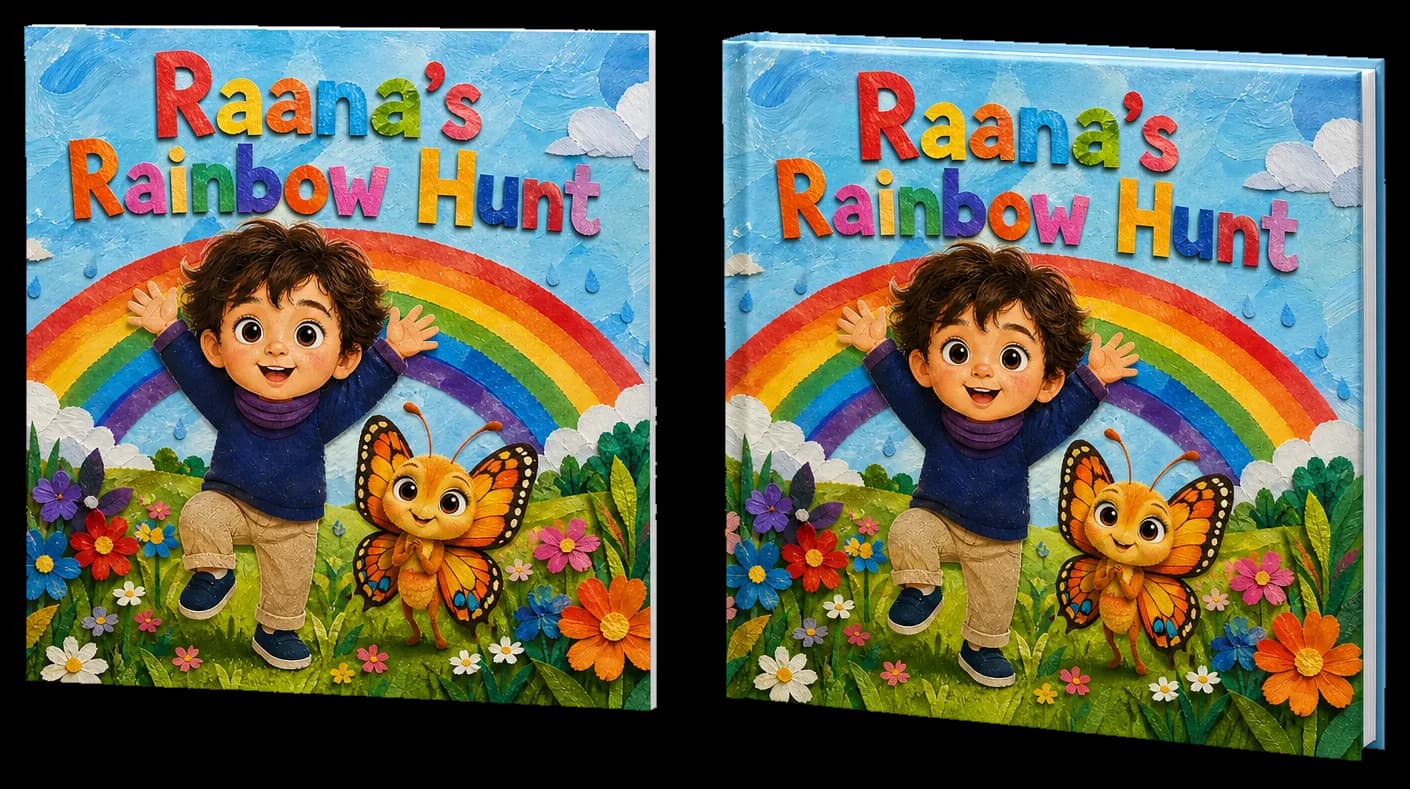 The same KindFable book in both bindings, side by side: the flexible softcover edition on the left and the rigid casewrap hardcover on the right — both square 8.5 by 8.5 inch books carrying the Raana's Rainbow Hunt cover