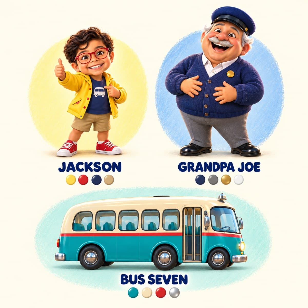 The cast of All Aboard, Your Child!: Jackson, Grandpa Joe, Bus Seven