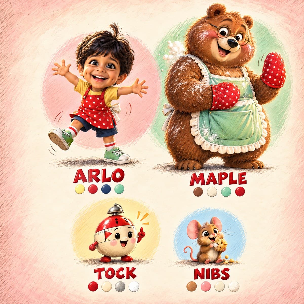 The cast of Your Child and the Not-Yet Cupcakes: Arlo, Maple, Tock, Nibs