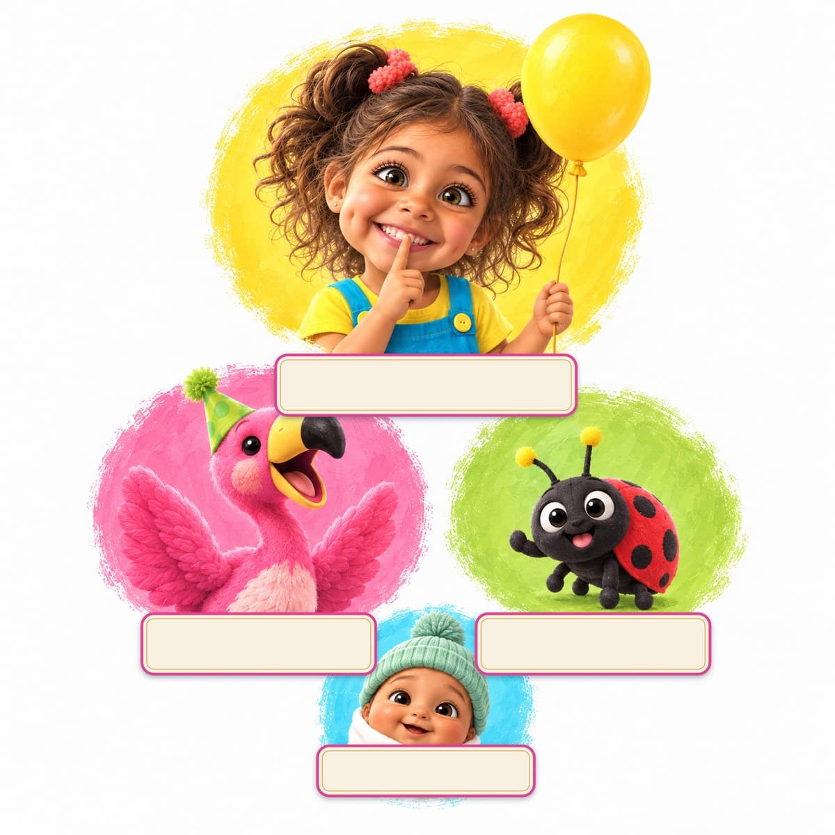 The cast of Your Child and the Welcome Party: Ava, Pip, Dot, Max