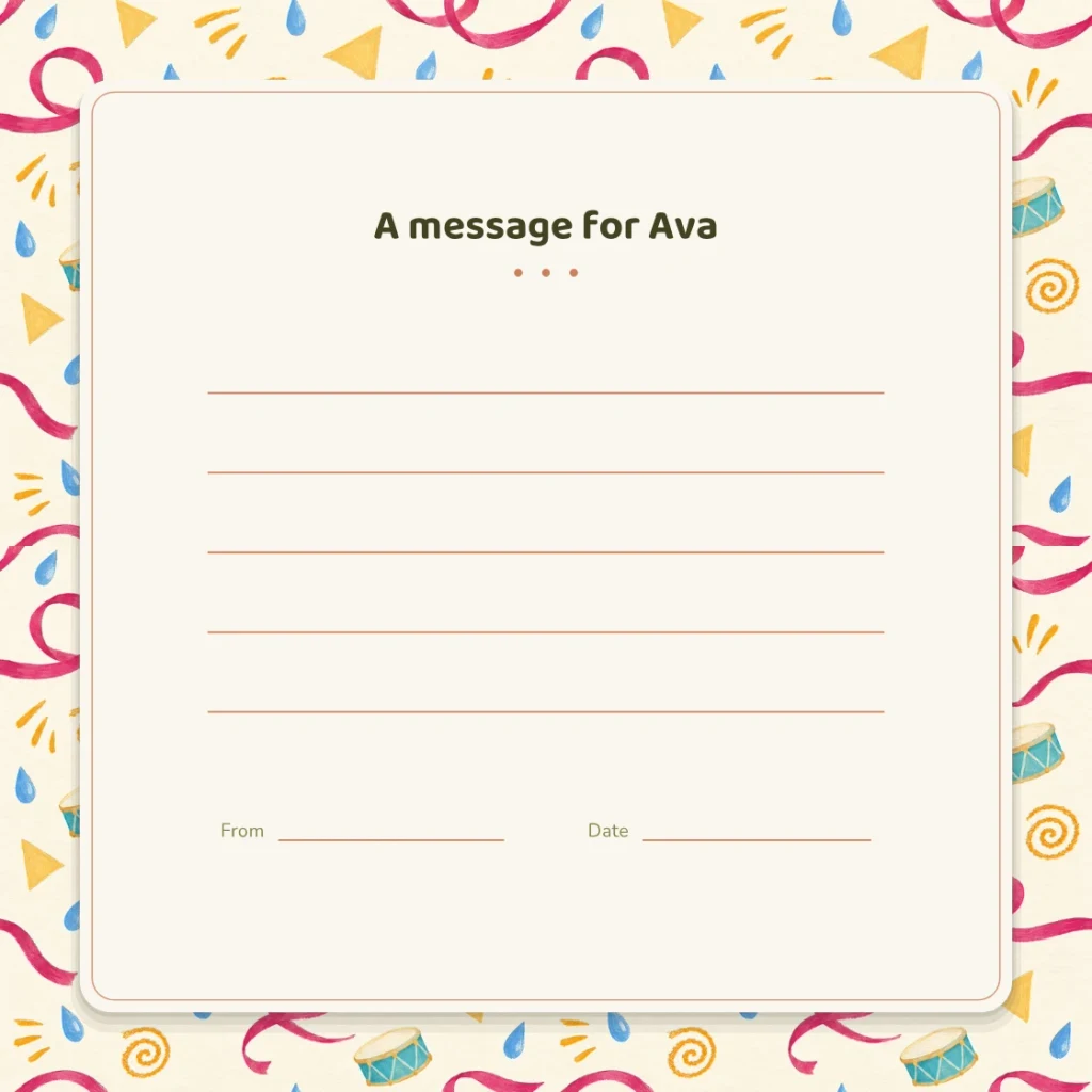 The “A message for Ava” page at the back of the book, with lines for your own words, your name and the date
