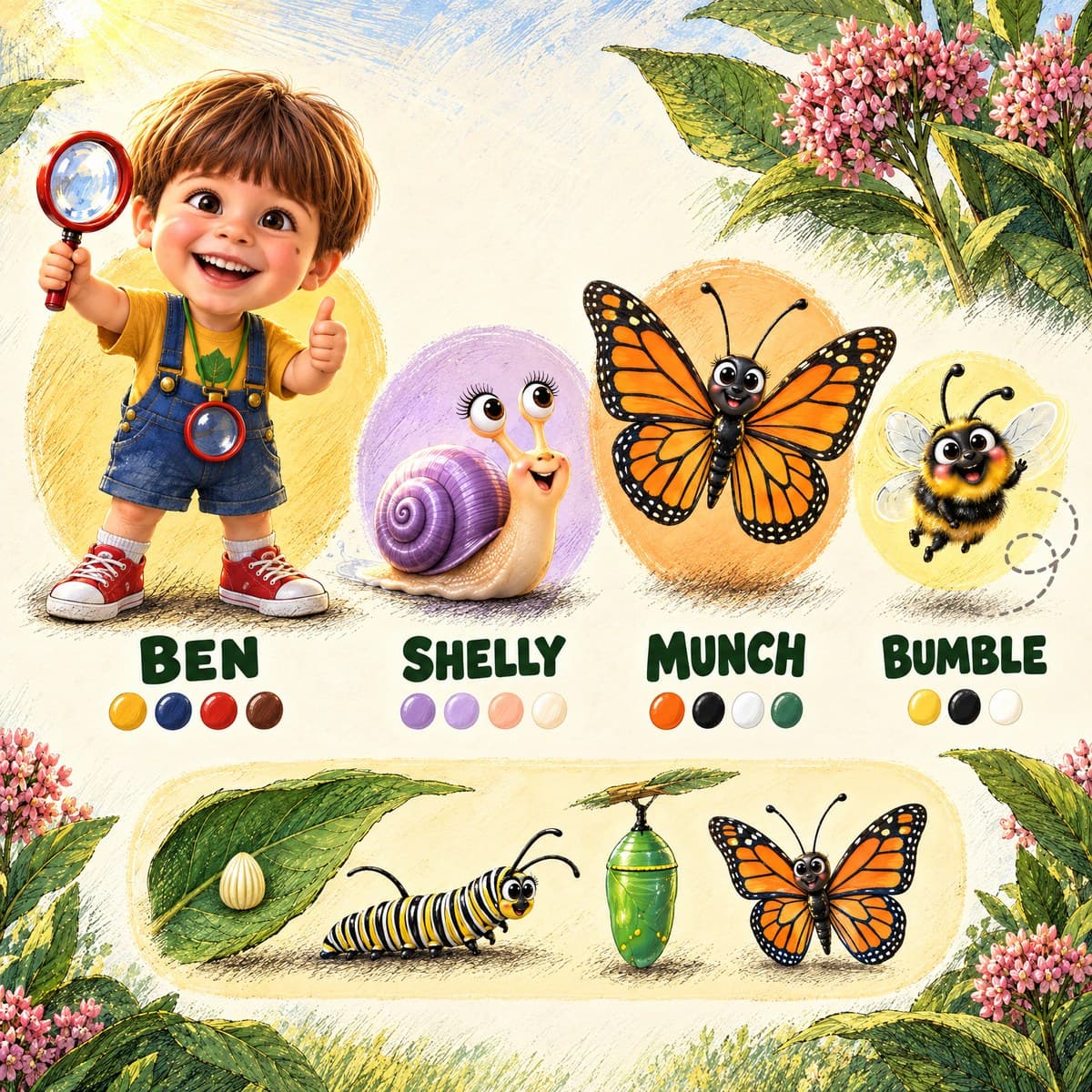 The cast of Your Child and the Little-by-Little Butterfly: Ben, Shelly, Munch, Bumble