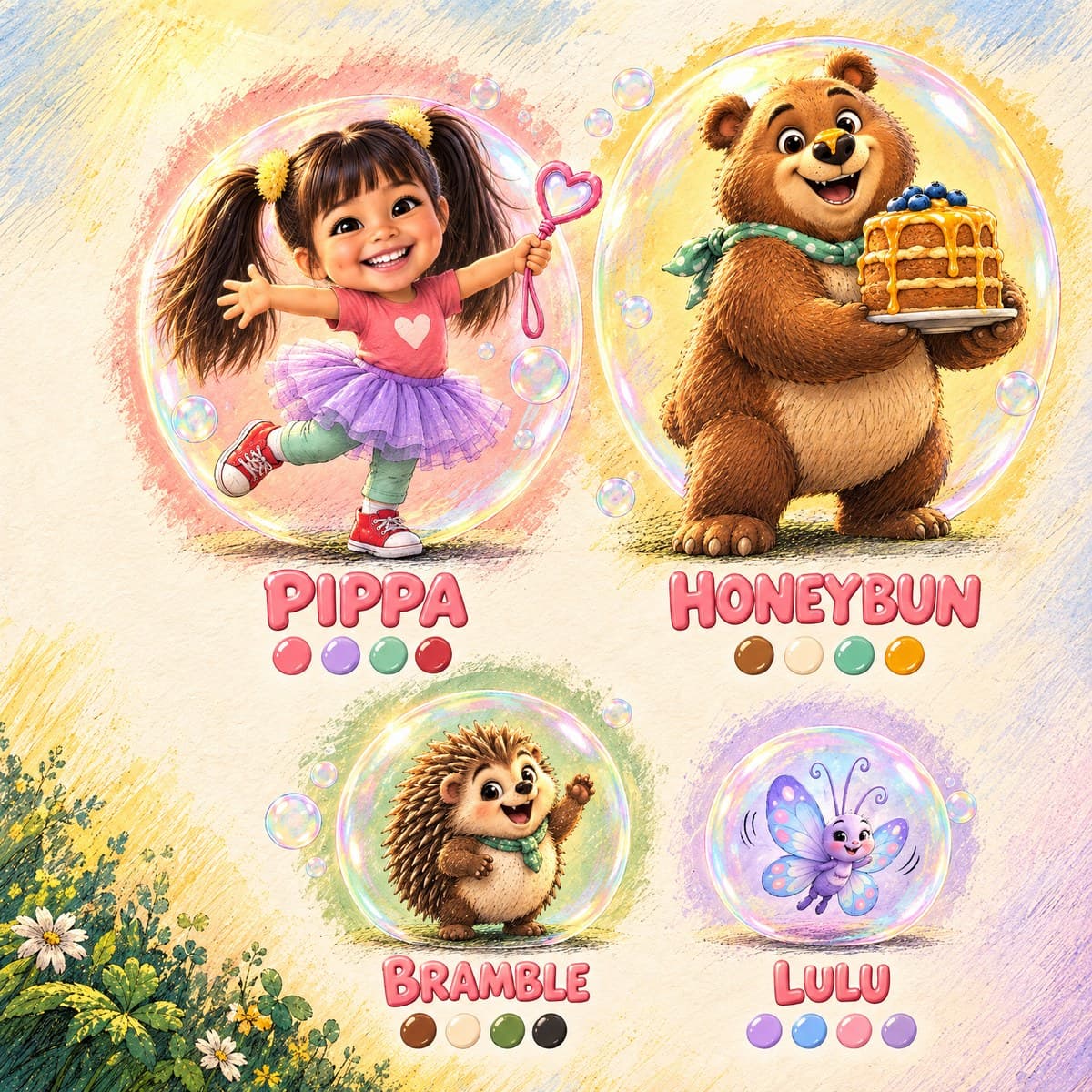 The cast of Bubble Check, Your Child!: Pippa, Honeybun, Bramble, Lulu