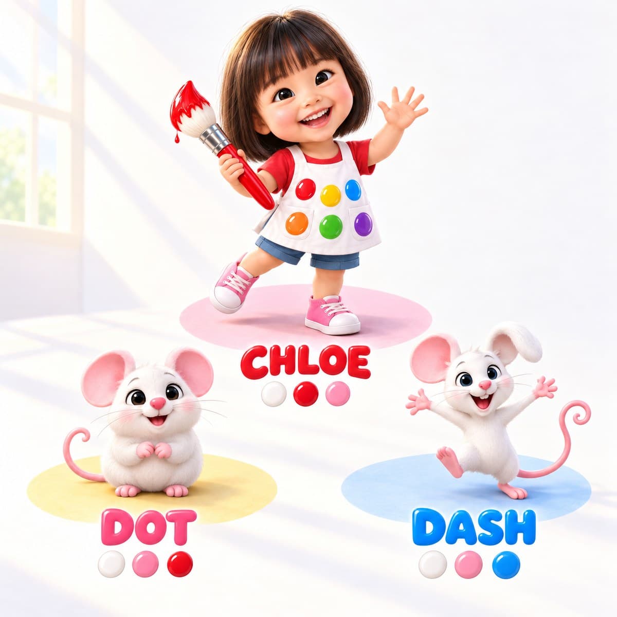 The cast of Your Child and the Paint-Pot Mice: Chloe, Dot, Dash