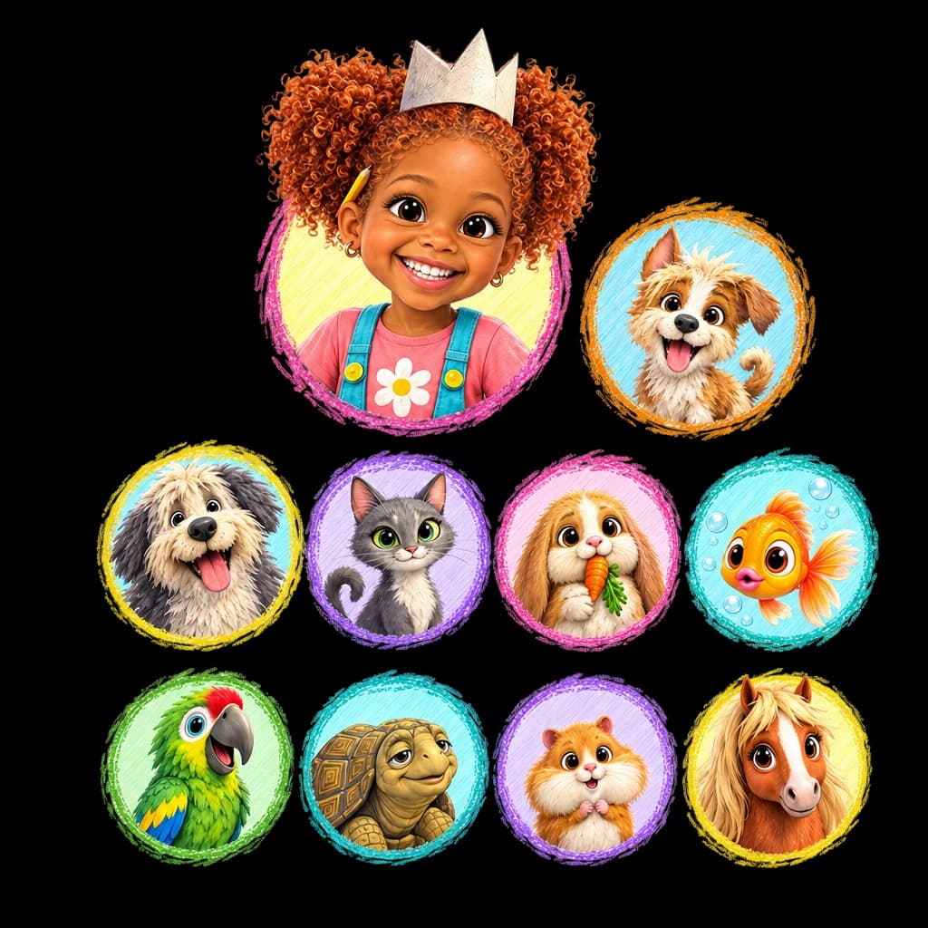 The cast of Your Child Picks a Pet!: Chloe, Pickle, Biscuit, Sultan, Clover, Sparkle, Pepper, Sir Walter, Nibbles, Butterscotch