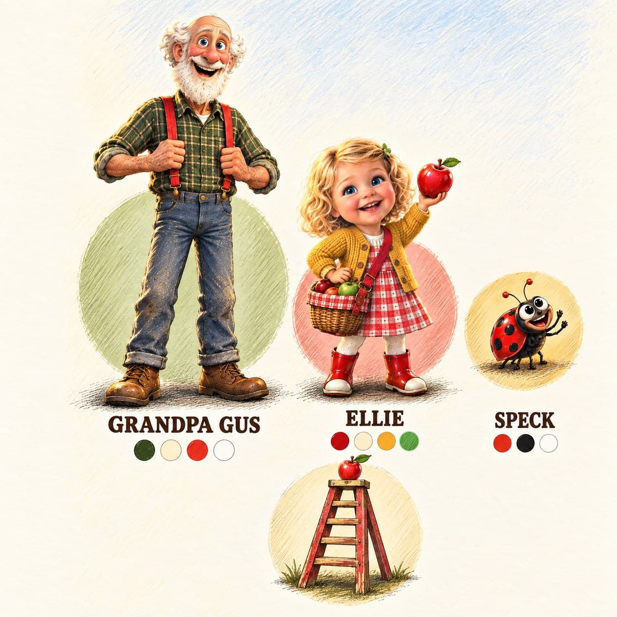The cast of Your Child and the Tip-Top Apple: Ellie, Grandpa Gus, Speck