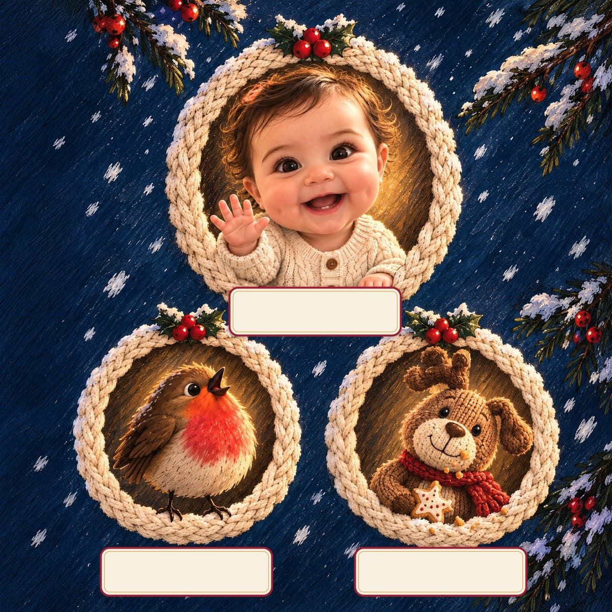 The cast of Your Child's Very First Christmas: Emma, Pip, Nutmeg
