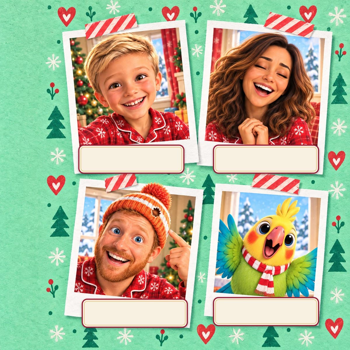 The cast of Your Child and the Parrot Who Couldn't Keep a Secret: Felix, Mom, Dad, Mango