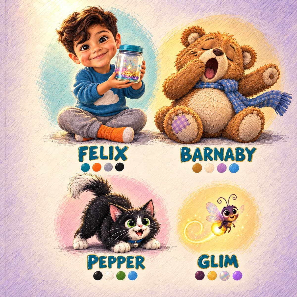 The cast of Your Child and the Settle-Down Sparkles: Felix, Barnaby, Pepper, Glim