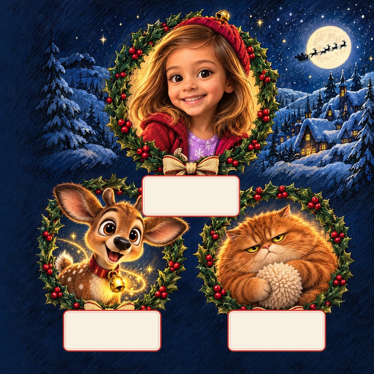 The cast of Your Child and the Midnight Reindeer: Frankie, Sprocket, Marmalade