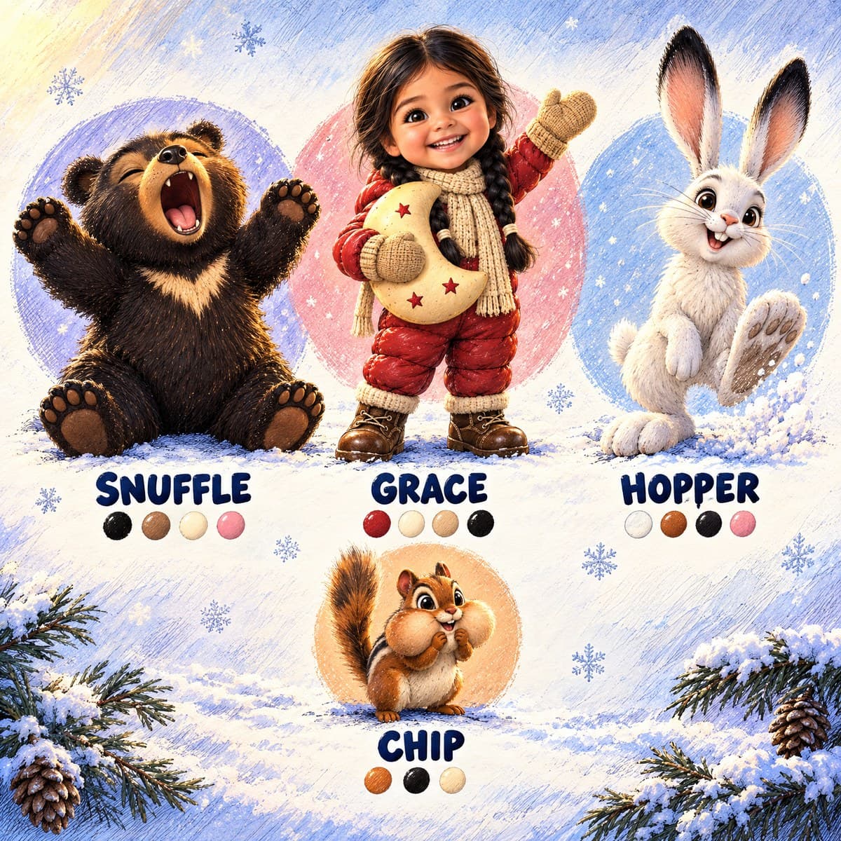 The cast of Your Child and the Not-Sleepy Bear: Grace, Chip, Snuffle, Hopper
