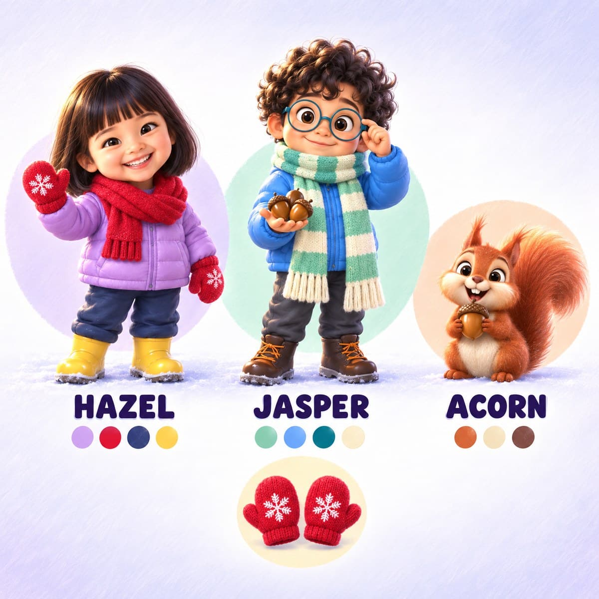 The cast of Your Child and the Hello Mitten: Hazel, Jasper, Acorn