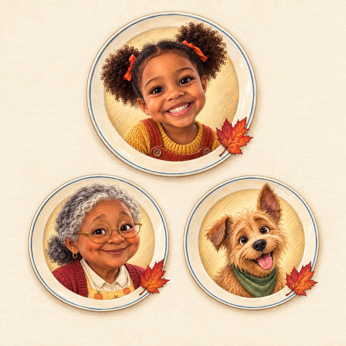The cast of Your Child's Thank-You Table: Hazel, Grandma, Biscuit