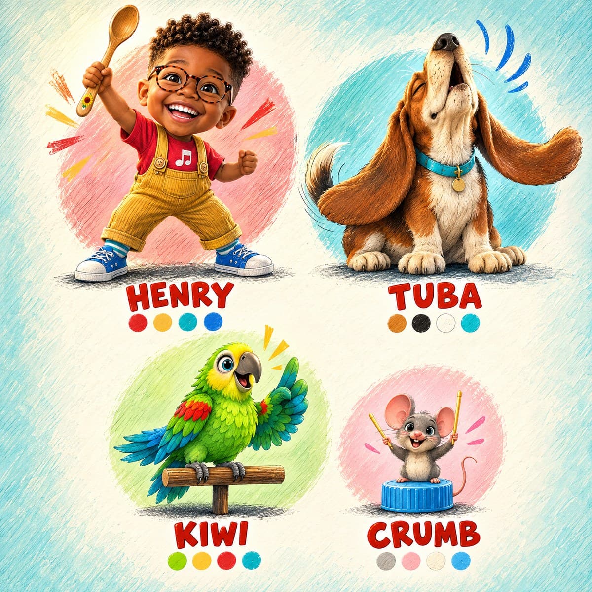 The cast of Your Child's Rainy-Day Racket!: Henry, Tuba, Kiwi, Crumb