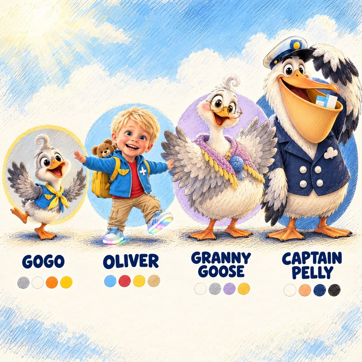 The cast of Is It Sky Time, Your Child?: Oliver, Captain Pelly, Gogo, Granny Goose