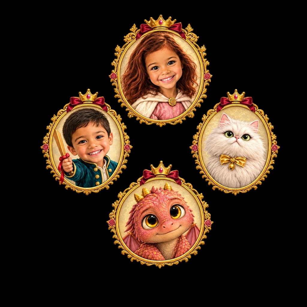 The cast of Your Child and the Golden Crown: Isabella, Oliver, Duchess, Ember