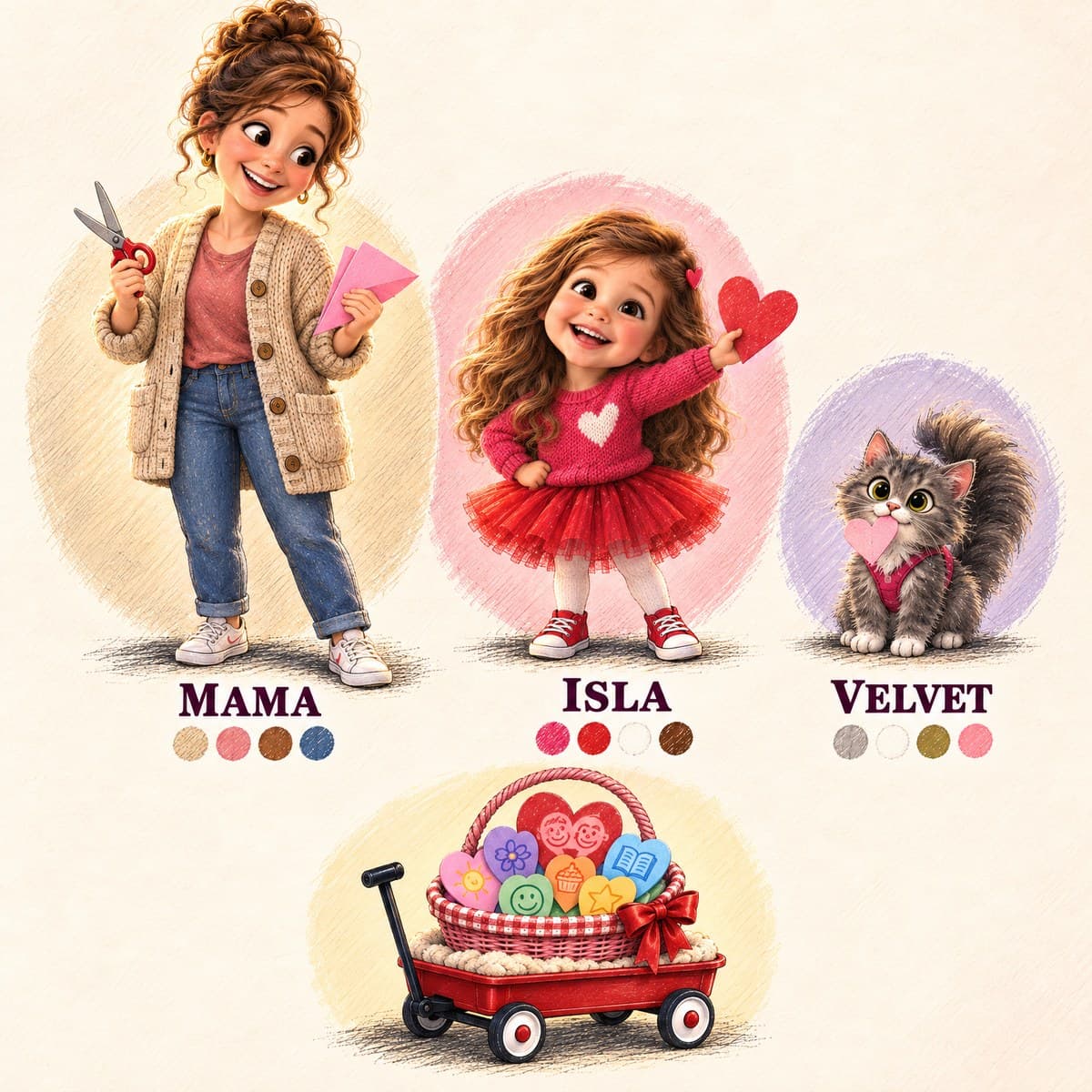 The cast of Your Child's Heart Basket: Isla, Mama, Velvet