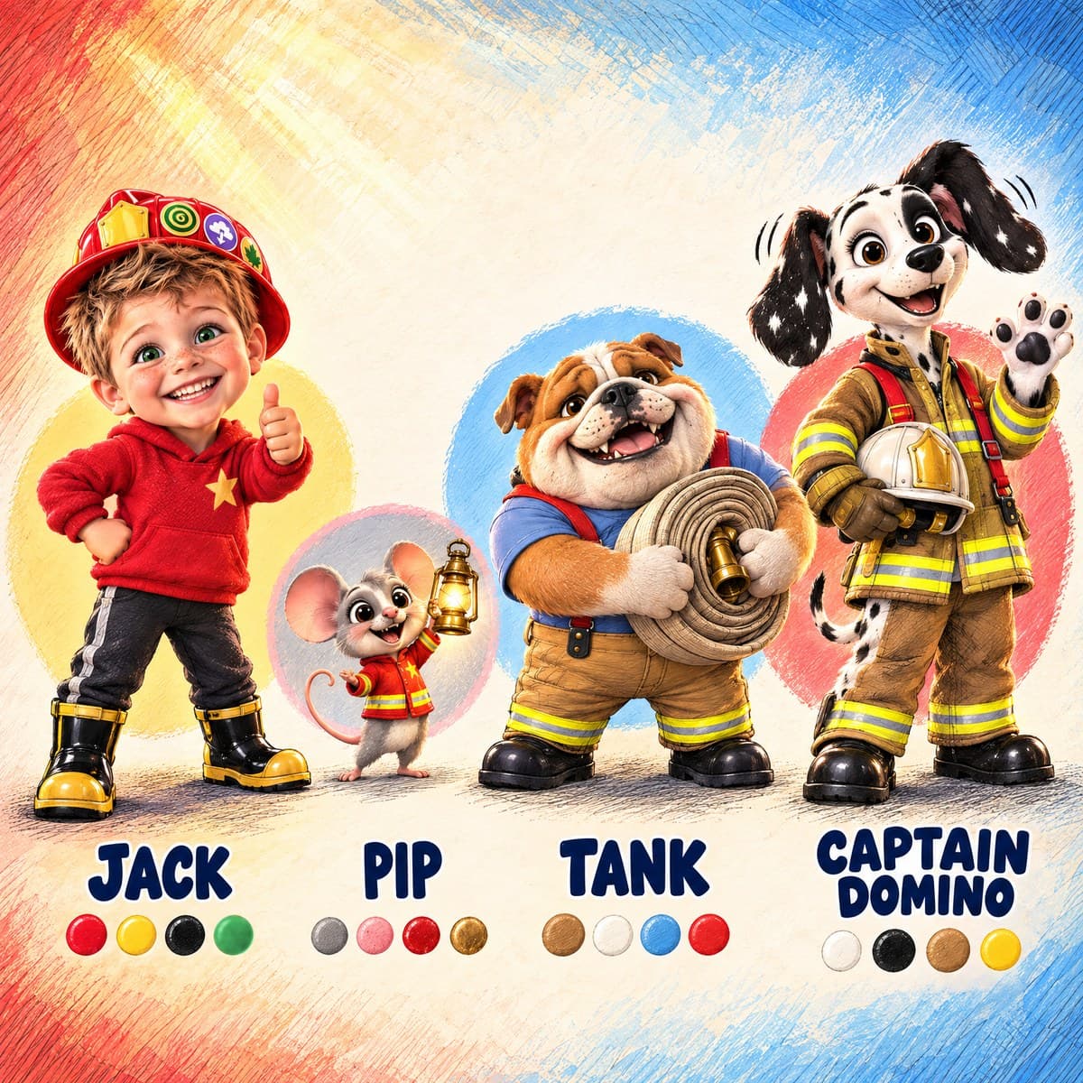 The cast of Your Child Joins the Wee-Oo Crew!: Jack, Captain Domino, Tank, Pip